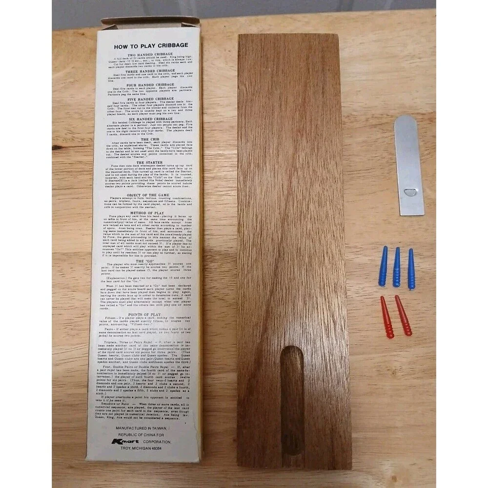 Vintage CRIBBAGE BOARD Hardwood 2 Player Instructions 5 Pegs